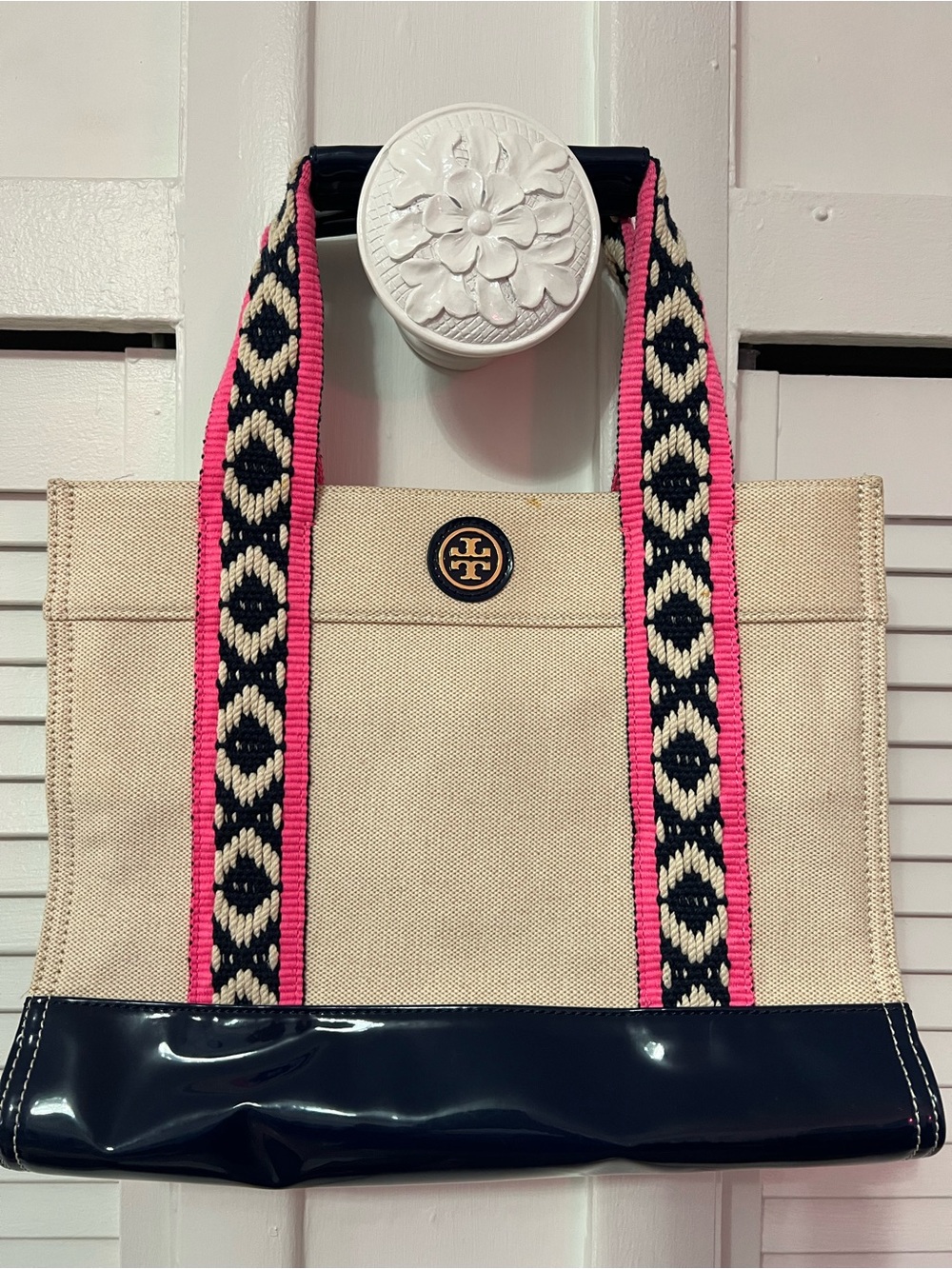 Tory Burch Canvas Tote with Pink & Navy Patterned Straps